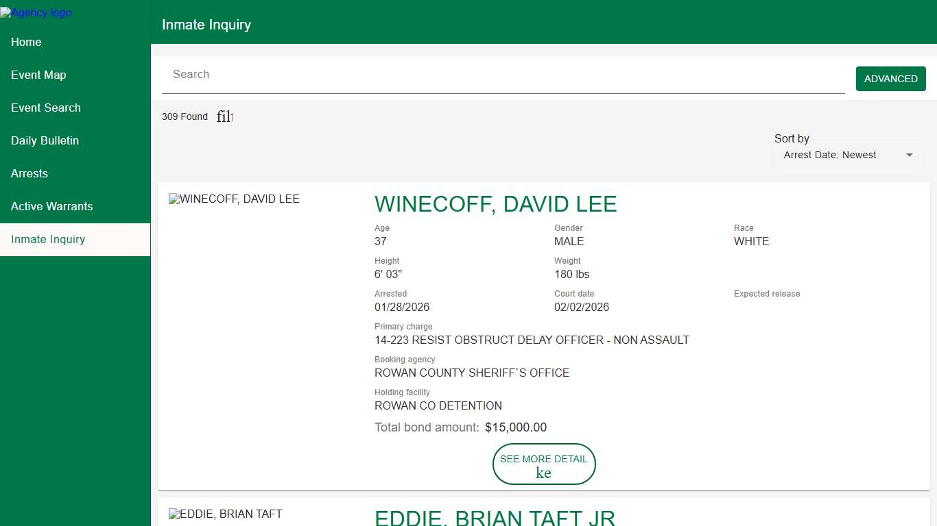 Rowan County Sheriff's Office Police to Citizen - Inmates catalog